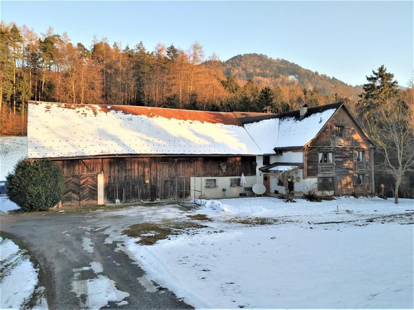 Der Bauernhof vor dem Umbau, Jänner 2022, Wohnhaus und Stall unter dem gemeinsamen Dach im Schnee
