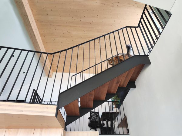 Treppe in einer der beiden Wohnungen, Stahlgeländer unter der Holzdecke